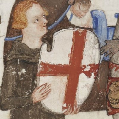 L’écu à croix vermeille est confié à Galaad (Lancelot 343, F°10v)