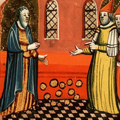 Judas rend les trente deniers (Bible d’Utrecht, KB 78D38 II, F191v)
