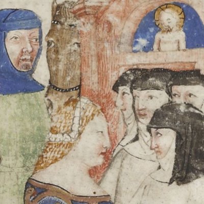 Lancelot est conduit dans l’abbaye où il rencontre Galaad (Lancelot 343, F°1)