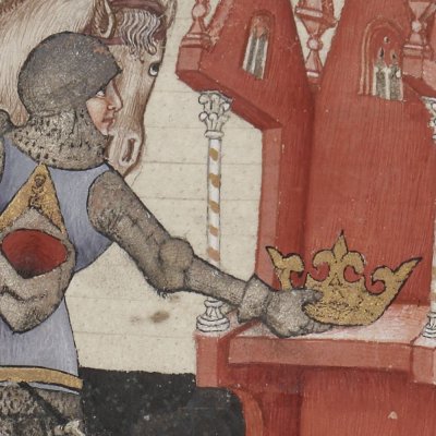 Mélyant s’empare de la couronne sur le siège de la clairière (Lancelot 343, F°13v)