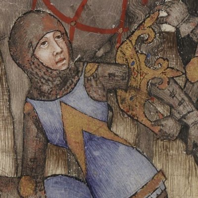 Galaad au secours de Mélyant blessé et dépouillé (Lancelot 343, f°14r)
