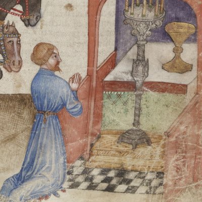 Lancelot s’éveillant, un chevalier malade guérit devant le graal (Lancelot 343, F°18r)