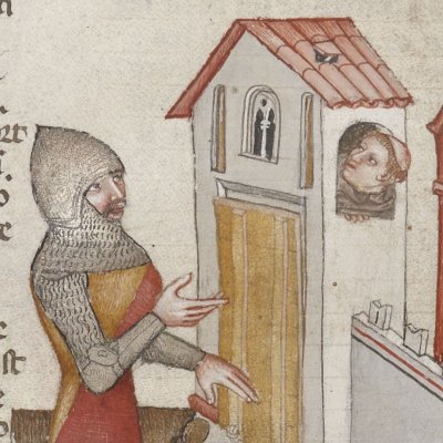 Perceval arrive à un monastère et appelle pour qu’on lui ouvre (Lancelot 343, F°23v)