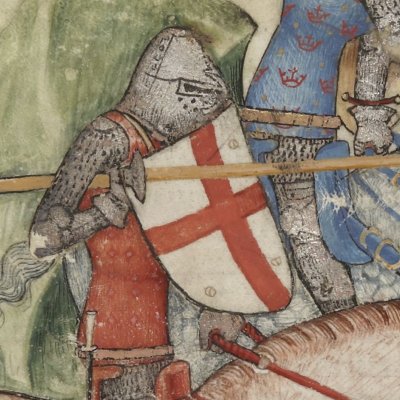Galaad secourt Perceval assailli par 20 chevaliers (Lancelot 343, F°25v)