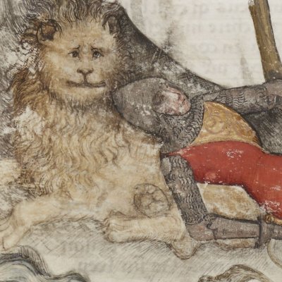 Perceval endormi avec le lion voit deux dames en songe (Lancelot 343, F°28v)