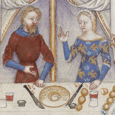 Une demoiselle séduit Perceval lors d’un repas sous un pavillon (Lancelot 343, F°31v)