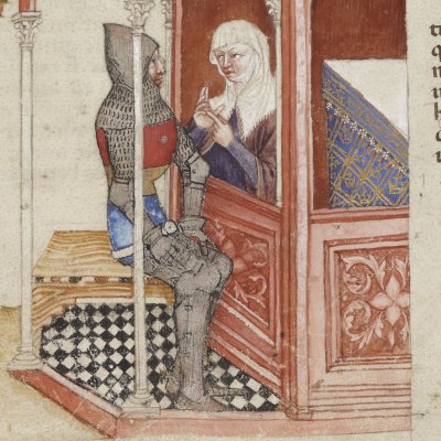 Une recluse explique à Lancelot le sens du tournoi qu’il a vu (Lancelot 343, F°33v)