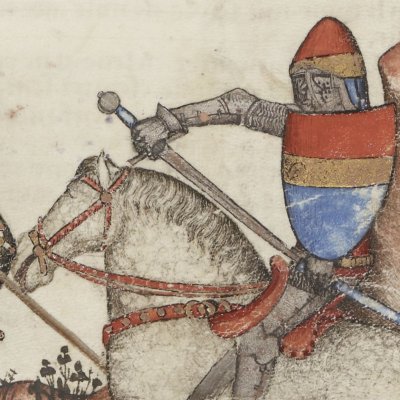 Un chevalier noir tue le cheval de Lancelot près de la rivière (Lancelot 343, F°34r)