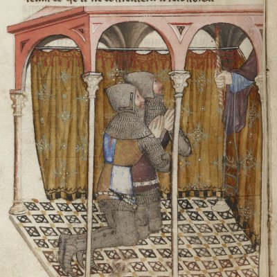 Une main apparaît devant Gauvain et Hector des Mares (Lancelot 343, F°35v)