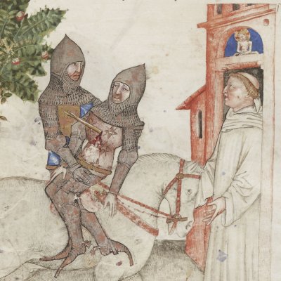Gauvain blesse Yvain l’Avoltre et l’emmène dans une abbaye (Lancelot 343, F°36v)