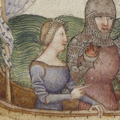 Galaad, Bohort, Perceval et sa sœur trouvent la nef de Salomon (Lancelot 343, F°50r)