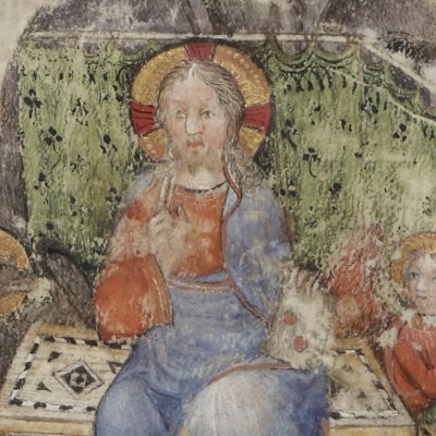 Le cerf se change en Christ devant Galaad, Bohort et Perceval (Lancelot 343, F°58r)