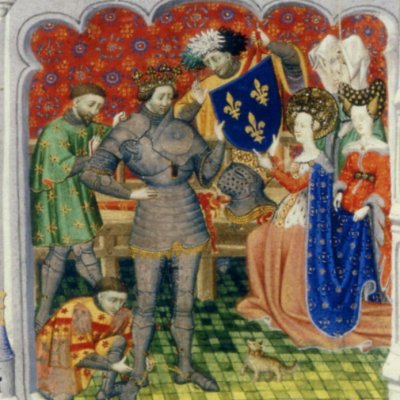 La légende des Fleurs de Lis : remise de l’écu à Clovis (Heures Bedford)