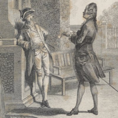 Lovelace se moque d’Hickman (Œuvres choisies de Prévost, 1784 fig11) - Marillier