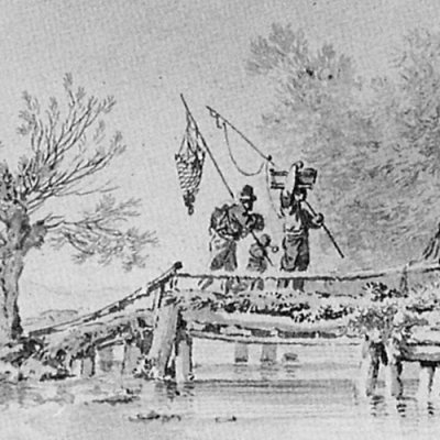 Paysage au bord d'une rivière avec des pêcheurs passant sur un pont - Leprince