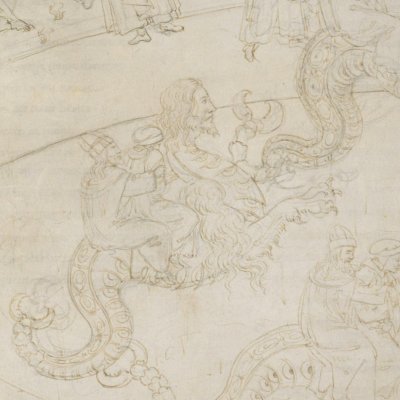 Geryon leads Dante & Virgil to the 8th circle (Dante Inferno ch17) - Botticelli