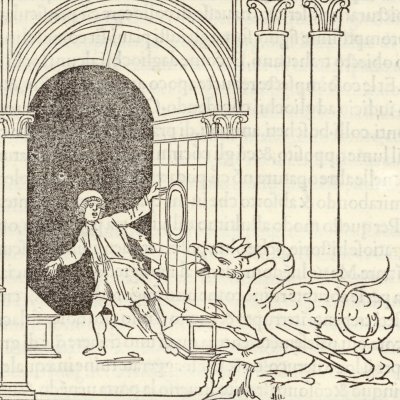 Un dragon force Poliphile à franchir la porte (Hypnerotomachia 1499, p. 62)
