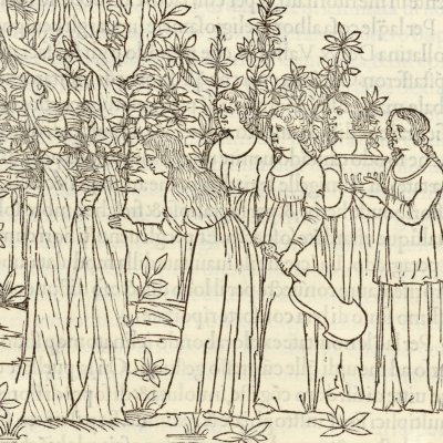 Poliphile rencontre cinq demoiselles (Hypnerotomachia 1499, p. 76)