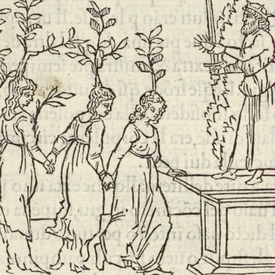 Héliades changées en arbres devant Jupiter (Hypnerotomachia 1499, p. 174)