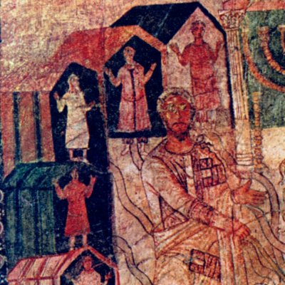 Moïse au puits de Beér ; Élie ressuscite le fils de la veuve de Sarepta  (Synagogue de Doura-Europos)