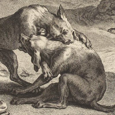 Le chien qui porte à son cou le dîné de son maître (La Fontaine, 1755)- Oudry
