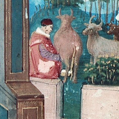 Saint Mammès entouré d'animaux (Livre d’heures du XVe siècle, Bibliothèque municipale de Langres)