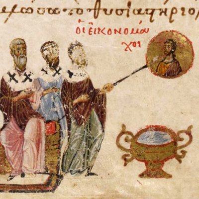 Le concile iconoclaste de 815 (Psautier de Théodore, Londres MS Additional 19352, f27v)