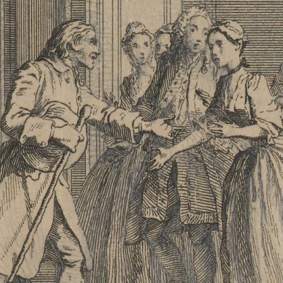Mr. Andrews reunites with his daughter Pamela at Mr. B's (Pamela 1742, vol. 2) - Gravelot