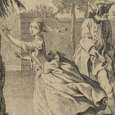 Pamela saute par la fenêtre pour fuir lady Davers  (Pamela 1742, vol.2) - Hayman