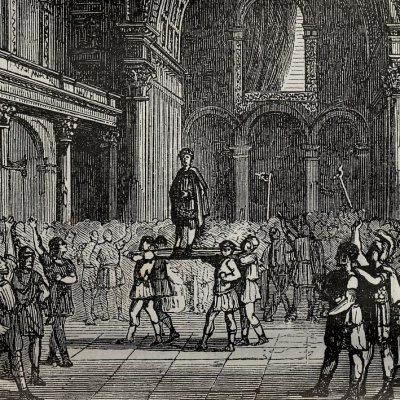 Julien élevé sur le bouclier aux Thermes (H. Martin, Hist. de France, 1886)