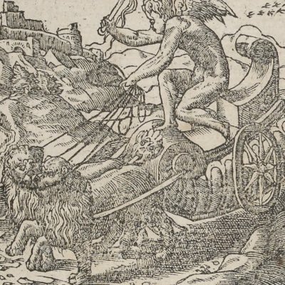 Potentissimus affectus Amor / Cupidon aurige aux lions (Emblèmes d’Alciat, 1551, p.115)