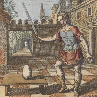Frapper l’œuf avec l’épée de feu (Michel Maier, Atalanta Fugiens, 1618)