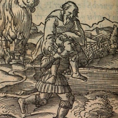 La Piété filiale / Énée et Anchise (Alciat, Emblematum Libellus, 1542, n°69)