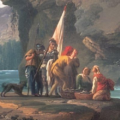 La cascade. Paysage des Alpes avec soldats et pêcheurs - Vernet