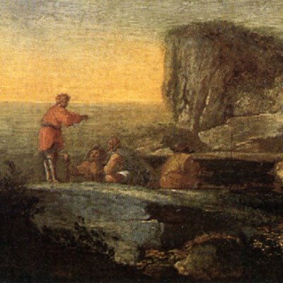 Paysage rocheux avec quatre personnages - atelier de Salvator Rosa