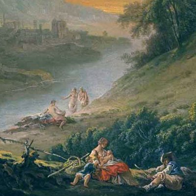 Le Repos près de la rivière, avec une chute d’eau au loin - Julliart