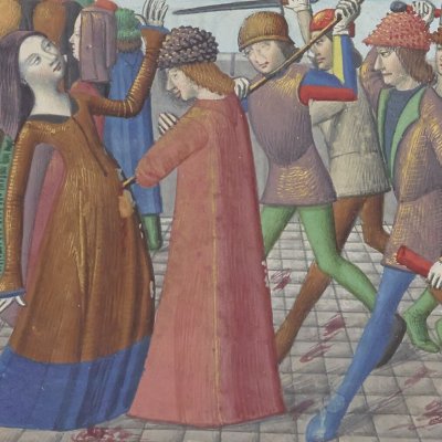 La révolte des Cabochiens. Violences contre les demoiselles de la cour (Martial d'Auvergne, Vigiles de Charles VII, Bnf Français 5054)