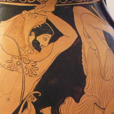 Hercule tuant Busiris (Pélikê athénienne à fig. rouges) - Peintre de Pan