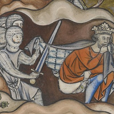 David coupe le manteau de Saül, mais l’épargne (Bible de Maciejowski, fol. 33r°)