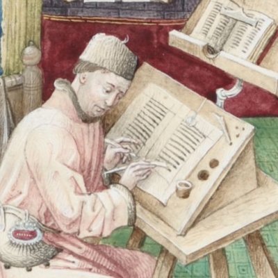 Jean Miélot à sa table de copiste (Le Débat d'honneur entre Hannibal, Alexandre et Scipion, F°10)
