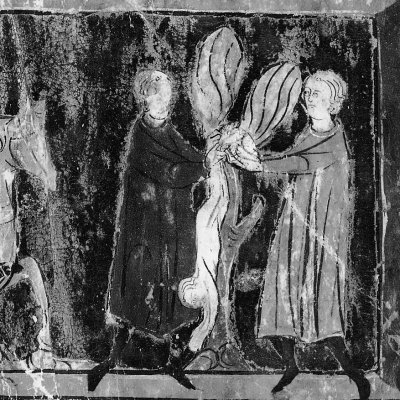 Œdipe enlevé à sa mère et recueilli par Polybos (Roman de Thèbes, Bnf Fr 784)