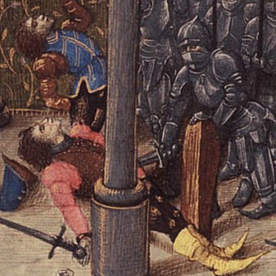 Pâris et ses compagnons tuent Achille dans le temple d’Apollon (Epître d’Othéa, La Haye KB 74G27, f40)