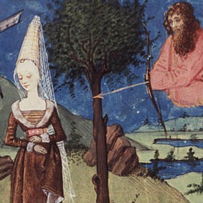 Apollon tue Coronis dont le corbeau blanc a révélé l’infidélité (Epître d’Othéa, La Haye KB 74G27, f47)