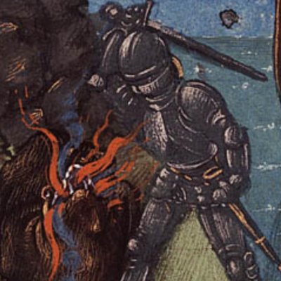 Jason tue le dragon qui gardait la toison d’or (Epître d’Othéa, La Haye KB 74G27, f51)