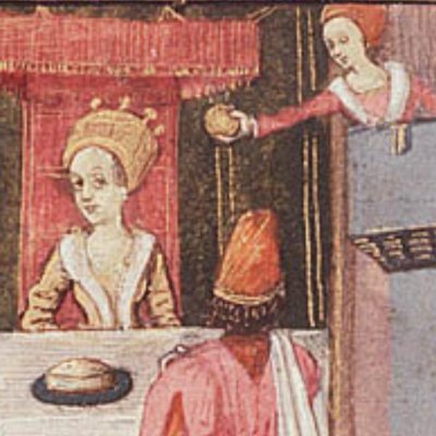 Discorde jette une pomme d’or au banquet de Thétis et de Pélée (Epître d’Othéa, La Haye KB 74G27, f56)