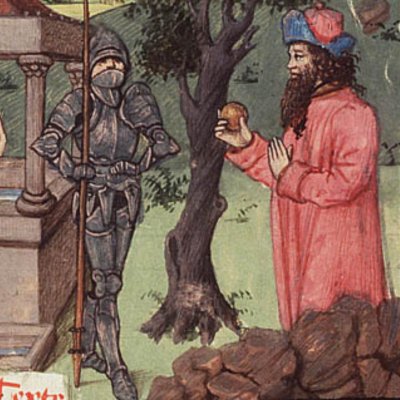 Mercure apporte la pomme d’or à Pâris devant les trois déesses (Epître d’Othéa, La Haye KB 74G27, f68)