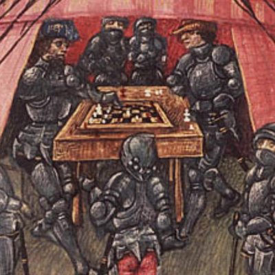 Ulysse jouant aux échecs dans sa tente (Epître d’Othéa, La Haye KB 74G27, f79)