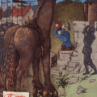 Les Troyens élargissent leur porte pour faire entrer le Cheval (Epître d’Othéa, La Haye KB 74G27, f91v)