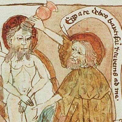Le baptême du Christ (Speculum humanae salvationis, KB 10 B 34, F12va)