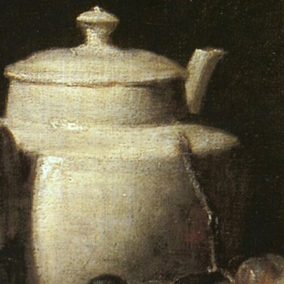 Théière blanche avec raisin blanc et noir, châtaignes, couteau et bouteille - Chardin